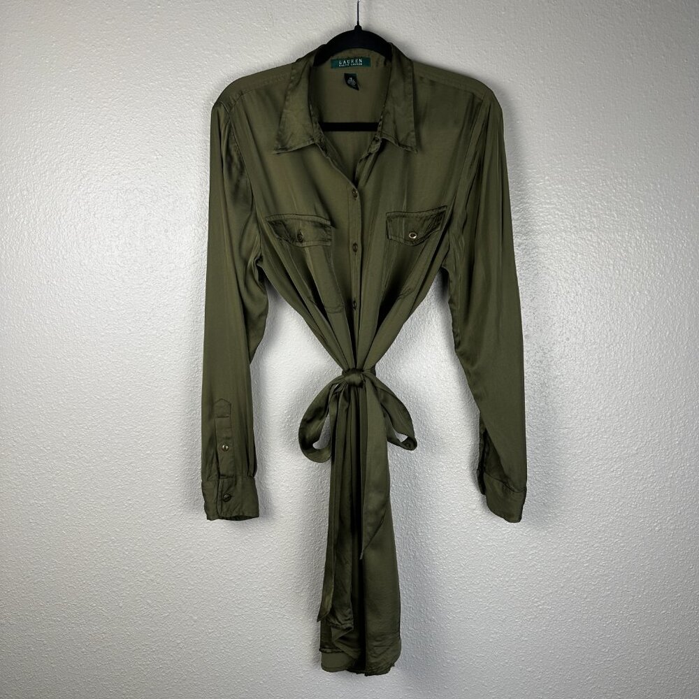 Ralph Lauren LAUREN Olive Green Satin Shirt Dress with Belt - Sz 16